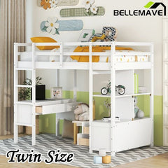 Bellemave® Loft Bed with Built - in Desk and 2 Drawers,Storage Shelves - Bellemave