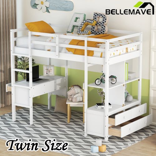 Bellemave® Loft Bed with Built - in Desk and 2 Drawers,Storage Shelves - Bellemave