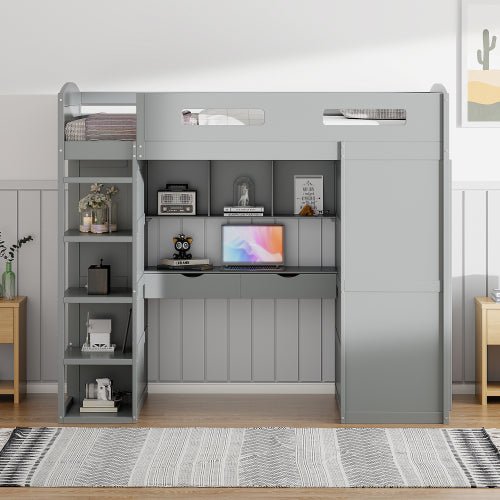 Bellemave® Loft Bed with Desk and Wardrobes, 4 Drawers and 4 Shelves - Bellemave