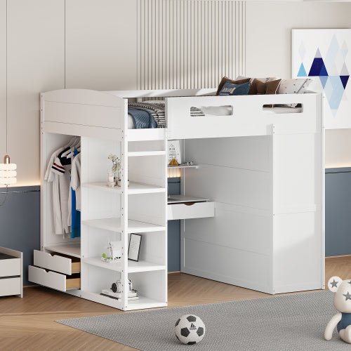 Bellemave® Loft Bed with Desk and Wardrobes, 4 Drawers and 4 Shelves - Bellemave