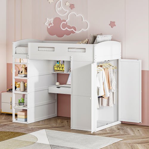 Bellemave® Loft Bed with Desk and Wardrobes, 4 Drawers and 4 Shelves - Bellemave