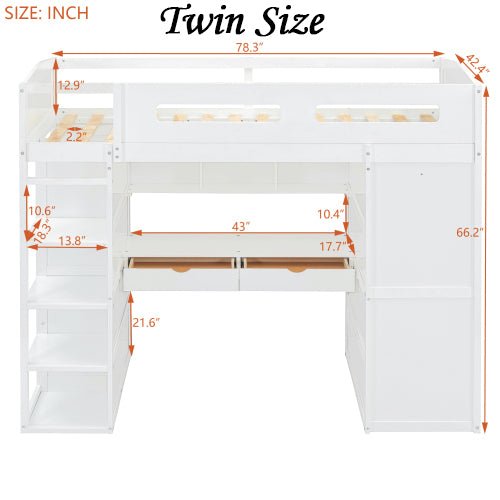Bellemave® Loft Bed with Desk and Wardrobes, 4 Drawers and 4 Shelves - Bellemave