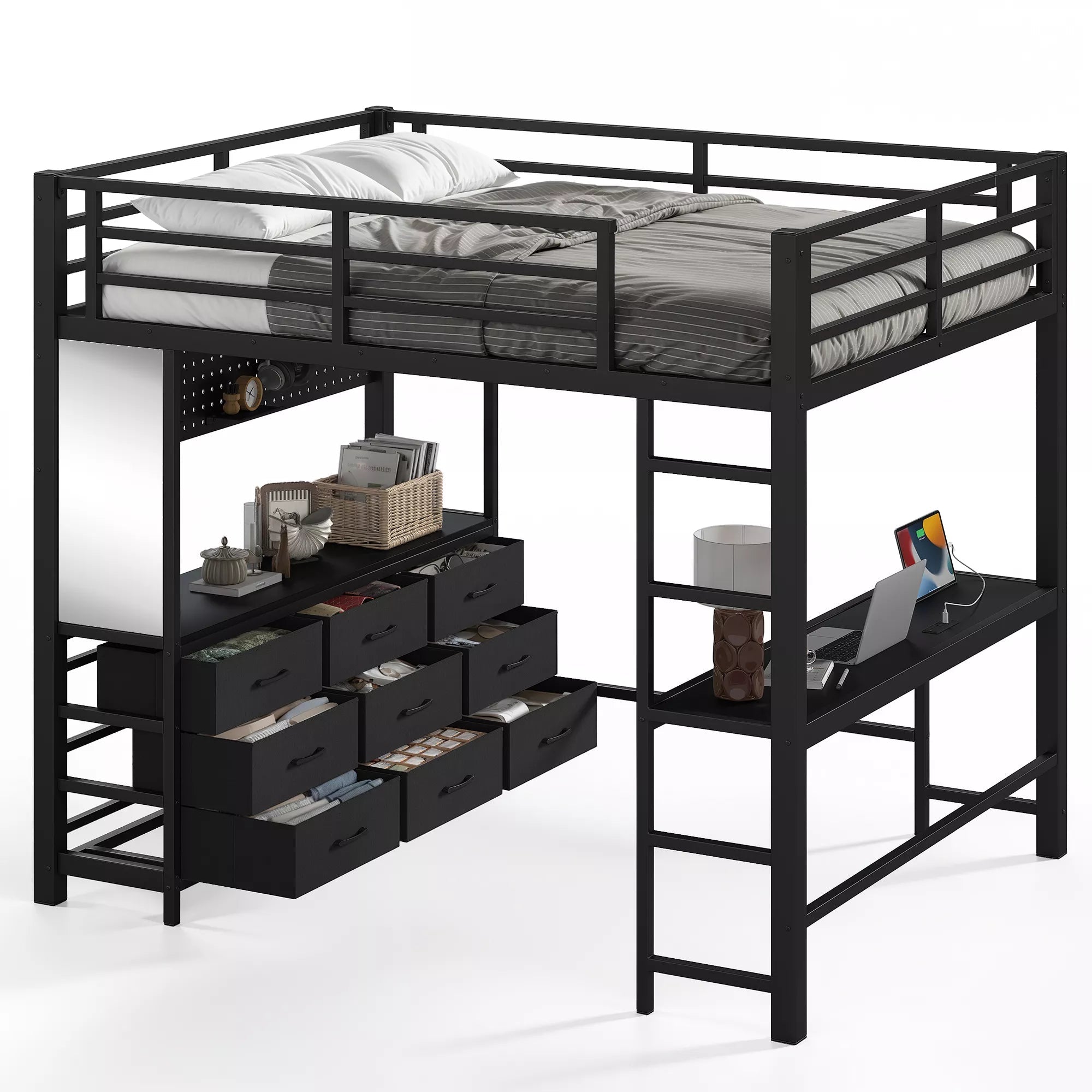 Bellemave® Loft Bed with Desk, Drawers, LED Light, USB and Mirror, Heavy Duty Loft Bed Frame for Teens and Adults - Bellemave