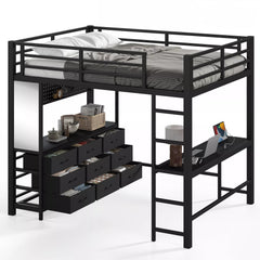 Bellemave® Loft Bed with Desk, Drawers, LED Light, USB and Mirror, Heavy Duty Loft Bed Frame for Teens and Adults - Bellemave