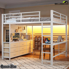 Bellemave® Loft Bed with Desk, Drawers, LED Light, USB and Mirror, Heavy Duty Loft Bed Frame for Teens and Adults - Bellemave