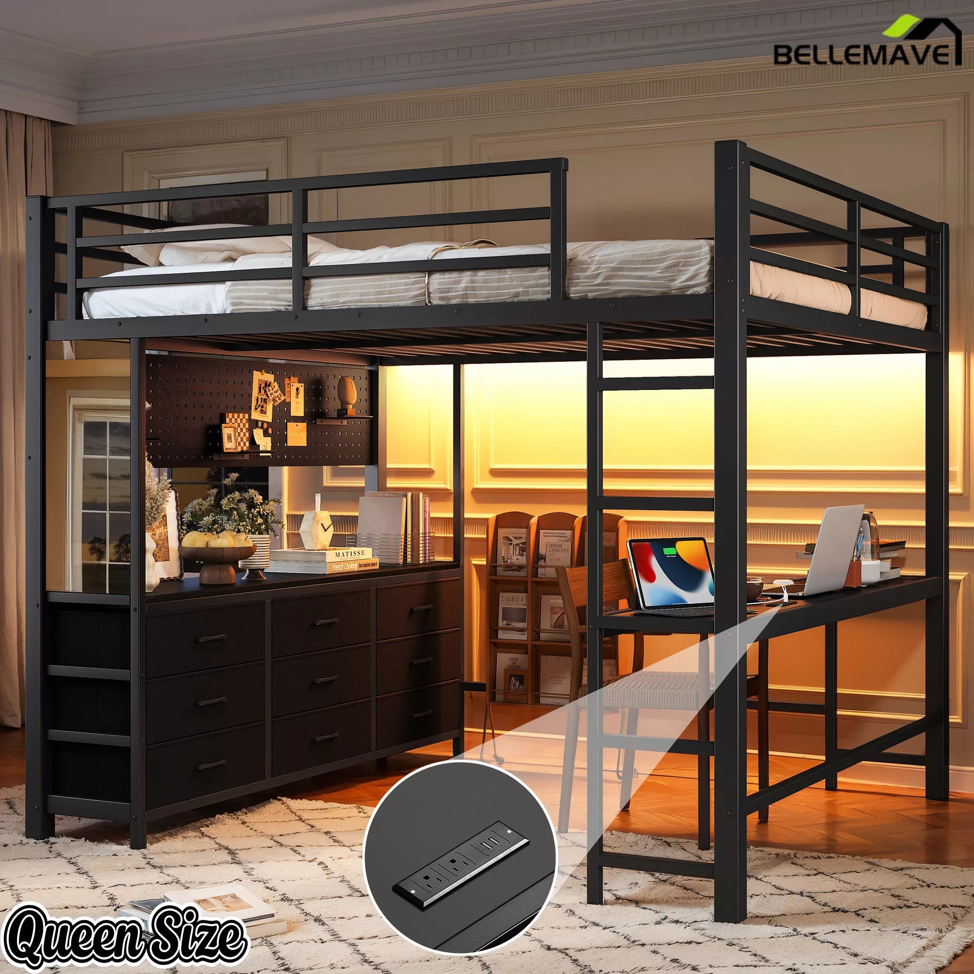 Bellemave® Loft Bed with Desk, Drawers, LED Light, USB and Mirror, Heavy Duty Loft Bed Frame for Teens and Adults - Bellemave