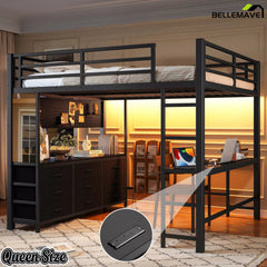 Bellemave® Loft Bed with Desk, Drawers, LED Light, USB and Mirror, Heavy Duty Loft Bed Frame for Teens and Adults - Bellemave