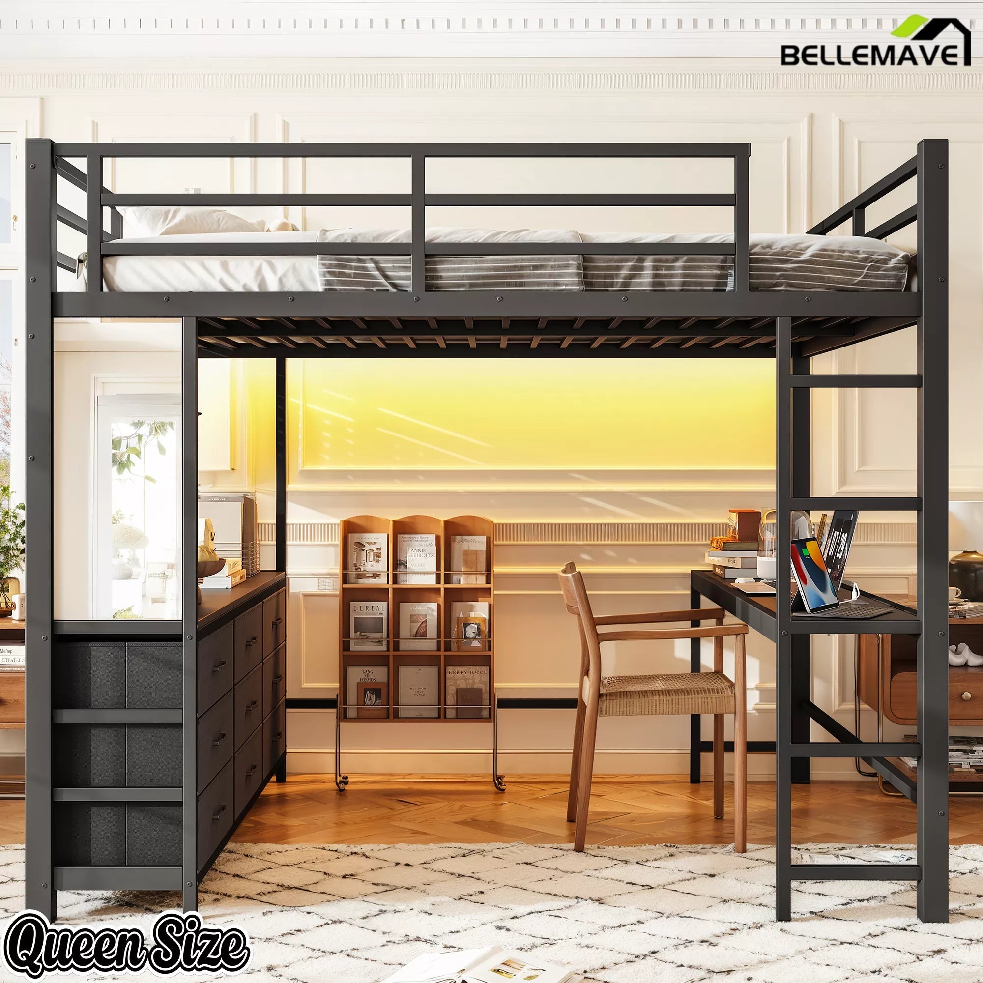 Bellemave® Loft Bed with Desk, Drawers, LED Light, USB and Mirror, Heavy Duty Loft Bed Frame for Teens and Adults - Bellemave