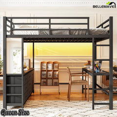 Bellemave® Loft Bed with Desk, Drawers, LED Light, USB and Mirror, Heavy Duty Loft Bed Frame for Teens and Adults - Bellemave