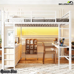 Bellemave® Loft Bed with Desk, Drawers, LED Light, USB and Mirror, Heavy Duty Loft Bed Frame for Teens and Adults - Bellemave