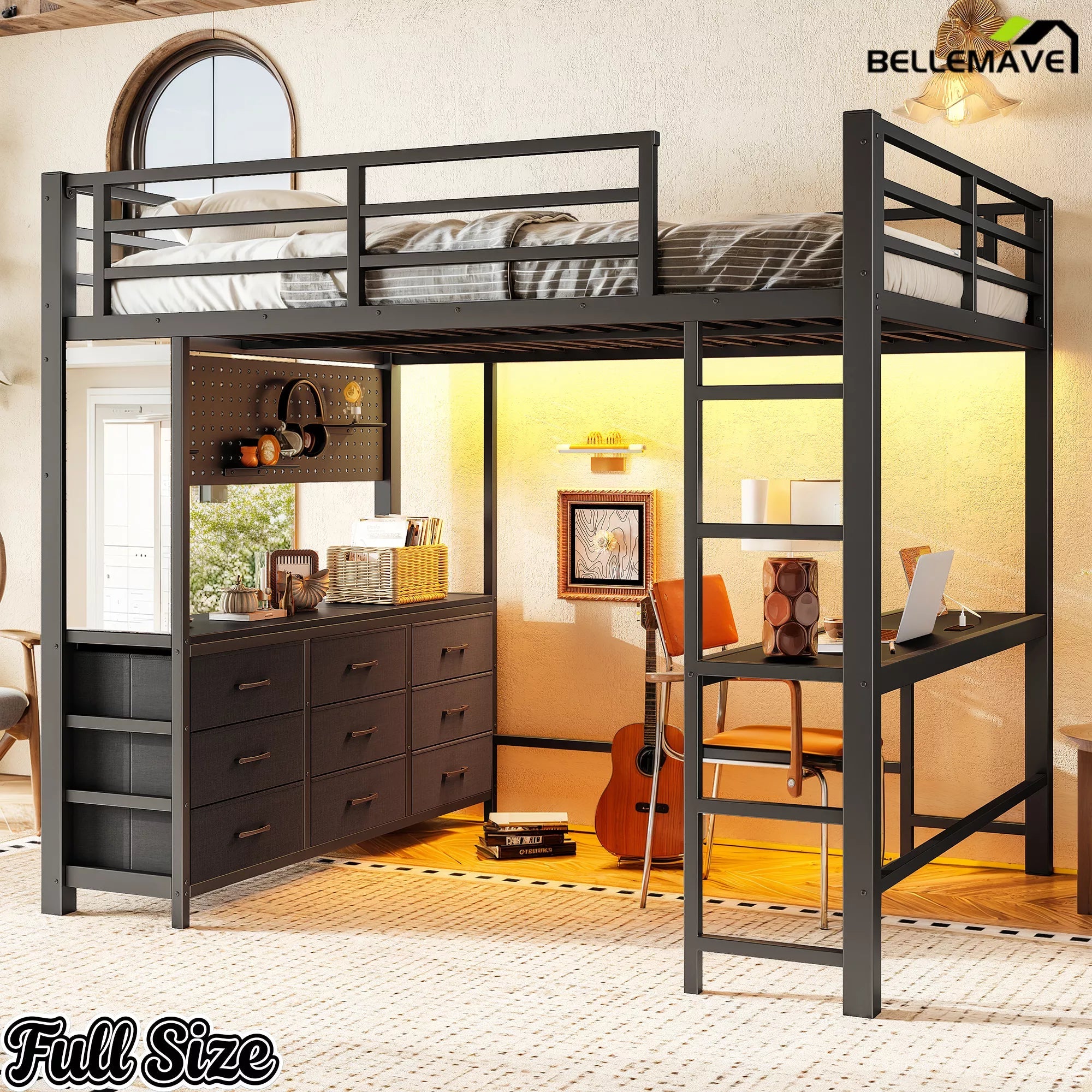 Bellemave® Loft Bed with Desk, Drawers, LED Light, USB and Mirror, Heavy Duty Loft Bed Frame for Teens and Adults - Bellemave
