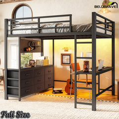 Bellemave® Loft Bed with Desk, Drawers, LED Light, USB and Mirror, Heavy Duty Loft Bed Frame for Teens and Adults - Bellemave