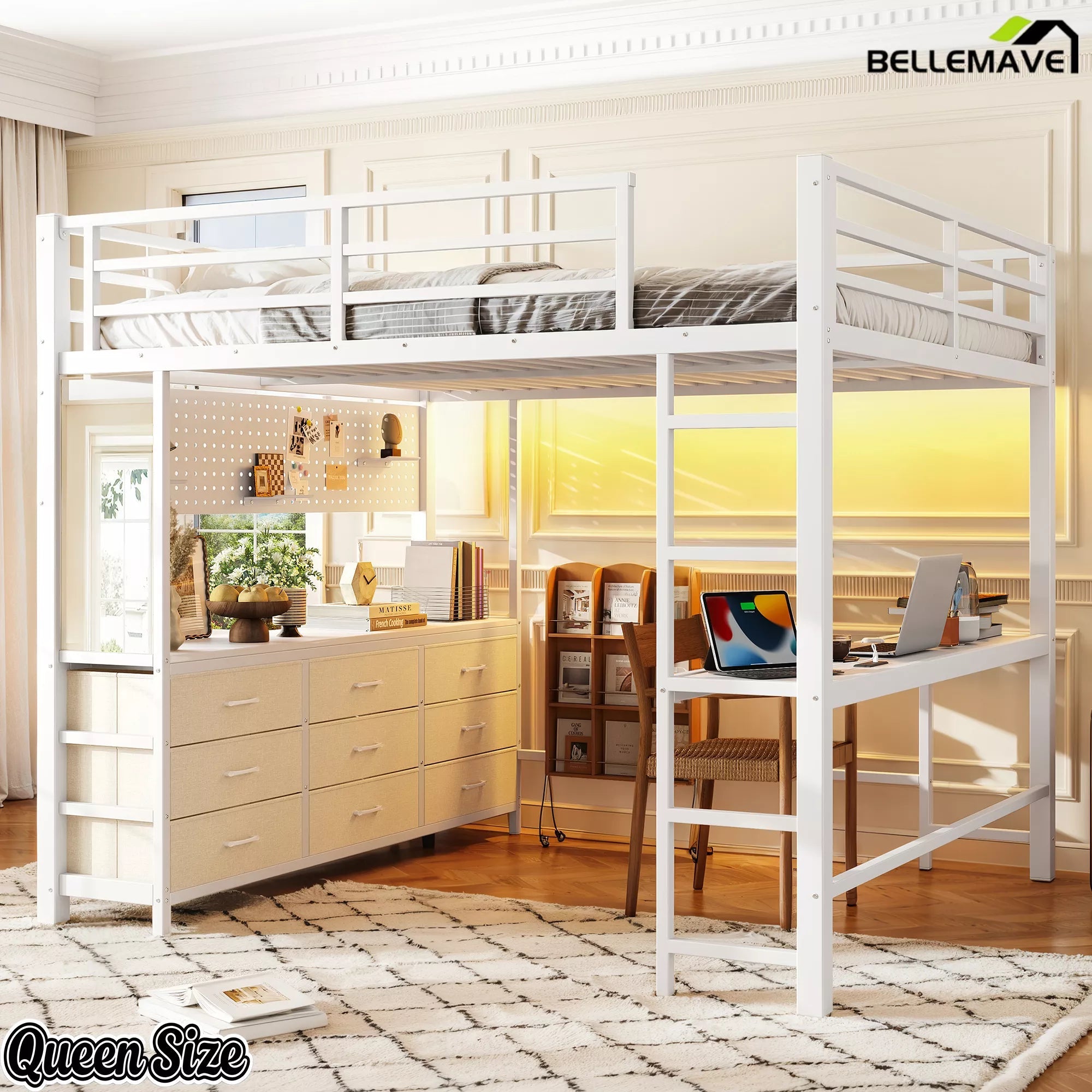 Bellemave® Loft Bed with Desk, Drawers, LED Light, USB and Mirror, Heavy Duty Loft Bed Frame for Teens and Adults - Bellemave