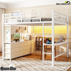 Bellemave® Loft Bed with Desk, Drawers, LED Light, USB and Mirror, Heavy Duty Loft Bed Frame for Teens and Adults - Bellemave