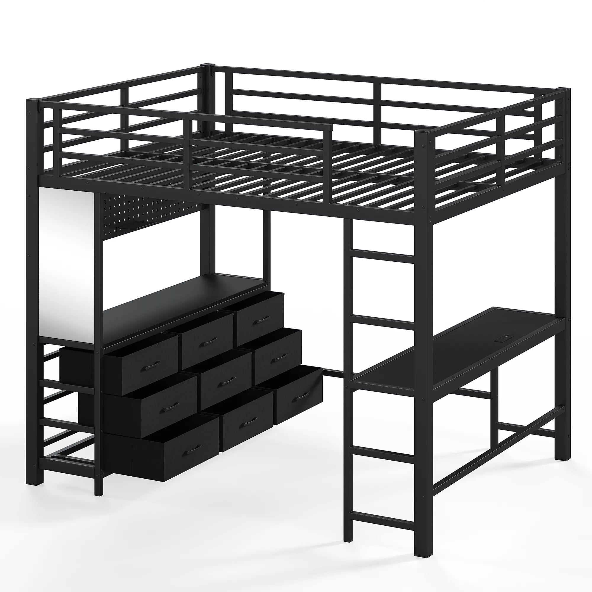 Bellemave® Loft Bed with Desk, Drawers, LED Light, USB and Mirror, Heavy Duty Loft Bed Frame for Teens and Adults - Bellemave