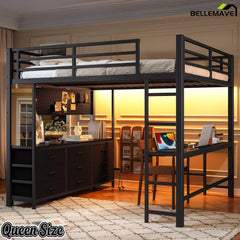 Bellemave® Loft Bed with Desk, Drawers, LED Light, USB and Mirror, Heavy Duty Loft Bed Frame for Teens and Adults - Bellemave
