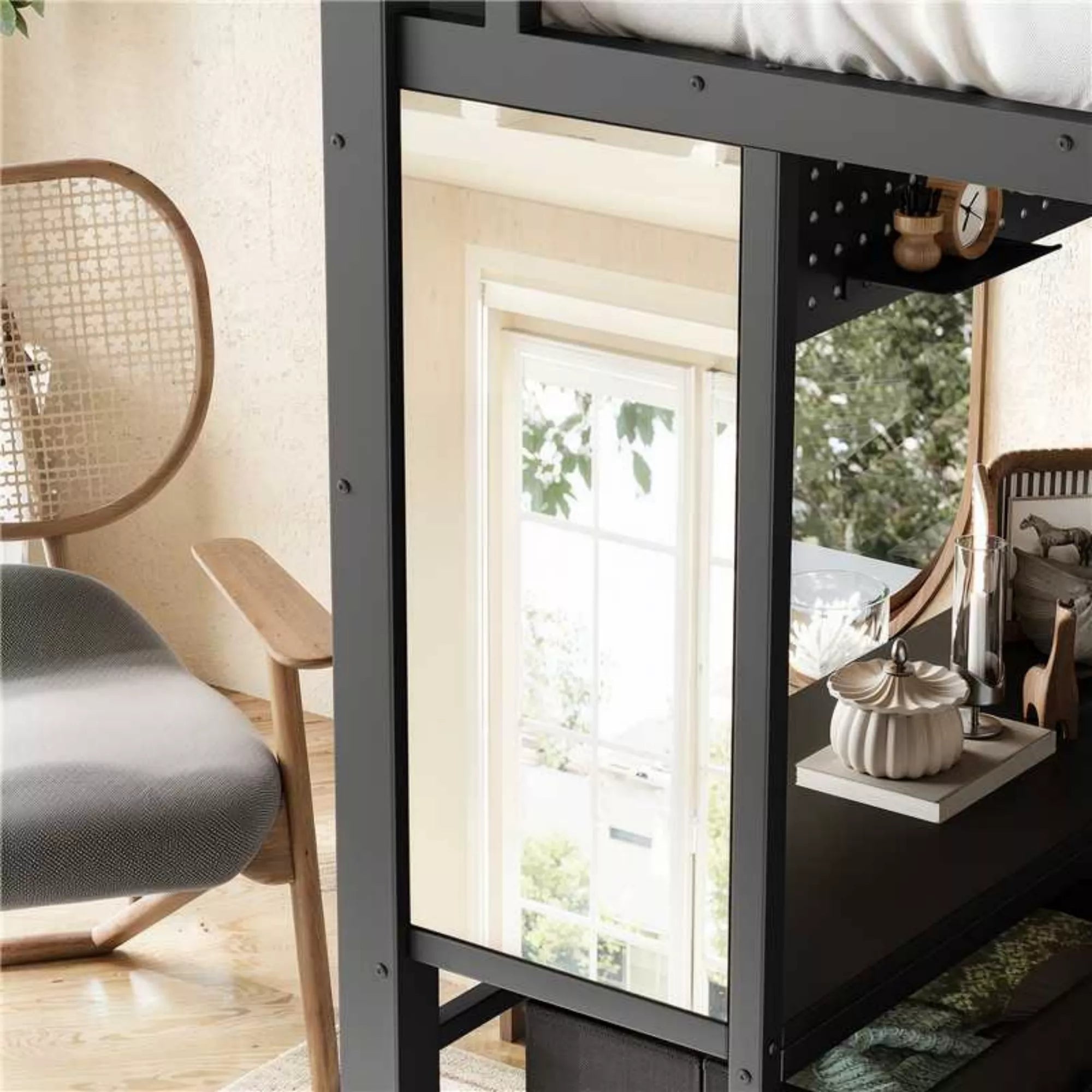 Bellemave® Loft Bed with Desk, Drawers, LED Light, USB and Mirror, Heavy Duty Loft Bed Frame for Teens and Adults - Bellemave