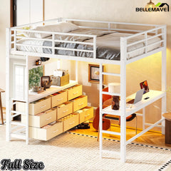 Bellemave® Loft Bed with Desk, Drawers, LED Light, USB and Mirror, Heavy Duty Loft Bed Frame for Teens and Adults - Bellemave