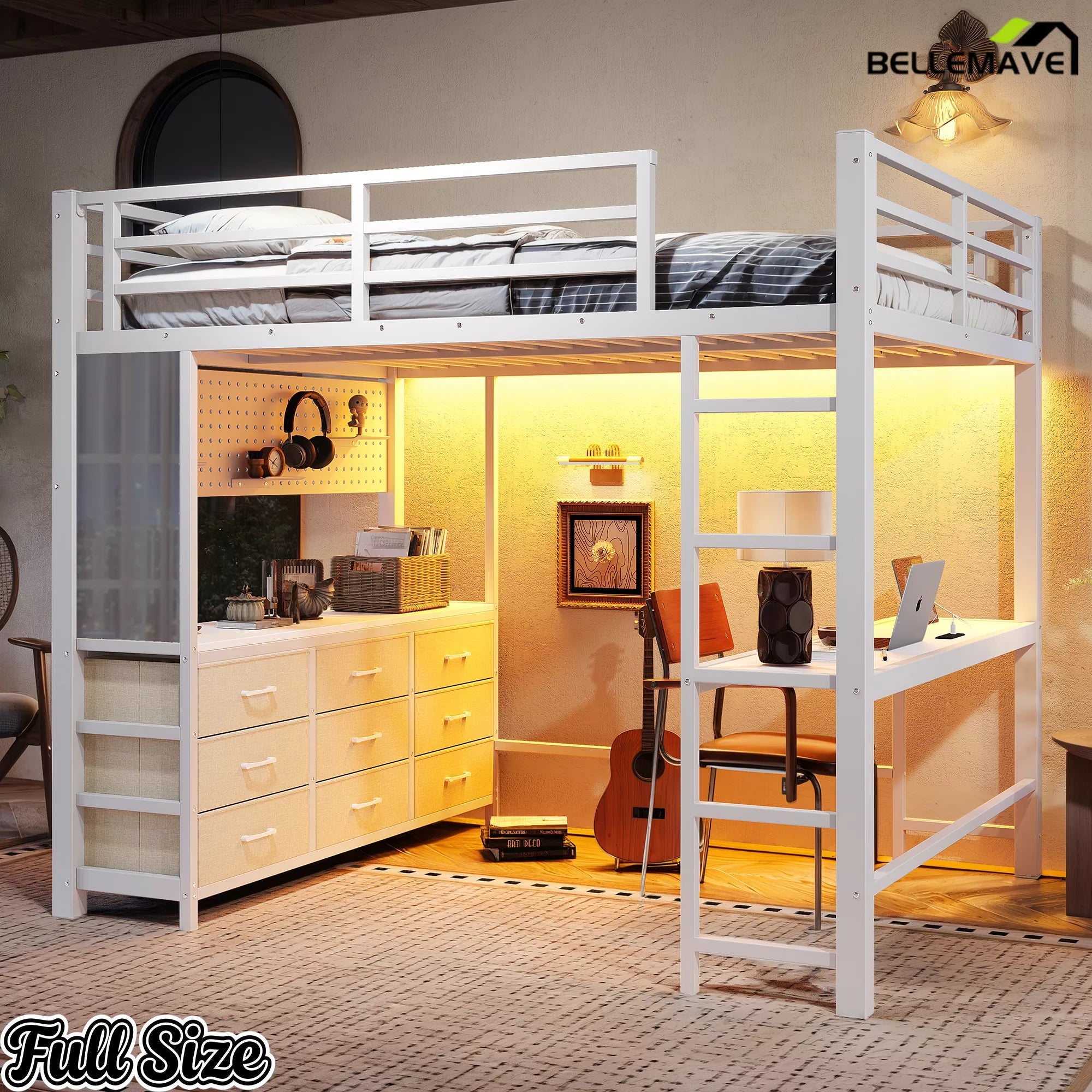 Bellemave® Loft Bed with Desk, Drawers, LED Light, USB and Mirror, Heavy Duty Loft Bed Frame for Teens and Adults - Bellemave
