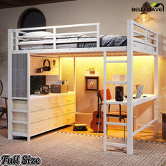 Bellemave® Loft Bed with Desk, Drawers, LED Light, USB and Mirror, Heavy Duty Loft Bed Frame for Teens and Adults - Bellemave