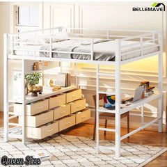 Bellemave® Loft Bed with Desk, Drawers, LED Light, USB and Mirror, Heavy Duty Loft Bed Frame for Teens and Adults - Bellemave