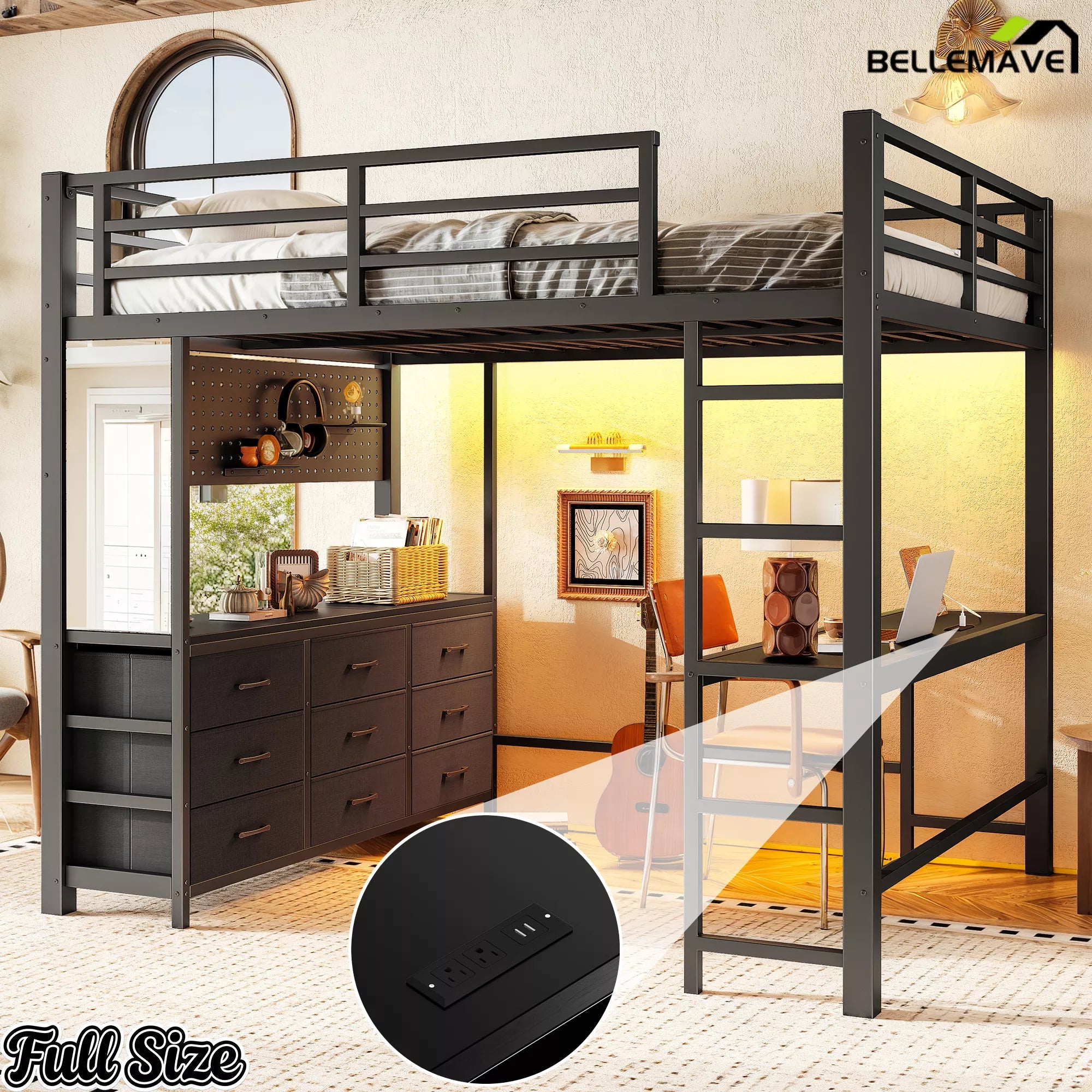 Bellemave® Loft Bed with Desk, Drawers, LED Light, USB and Mirror, Heavy Duty Loft Bed Frame for Teens and Adults - Bellemave