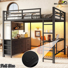 Bellemave® Loft Bed with Desk, Drawers, LED Light, USB and Mirror, Heavy Duty Loft Bed Frame for Teens and Adults - Bellemave