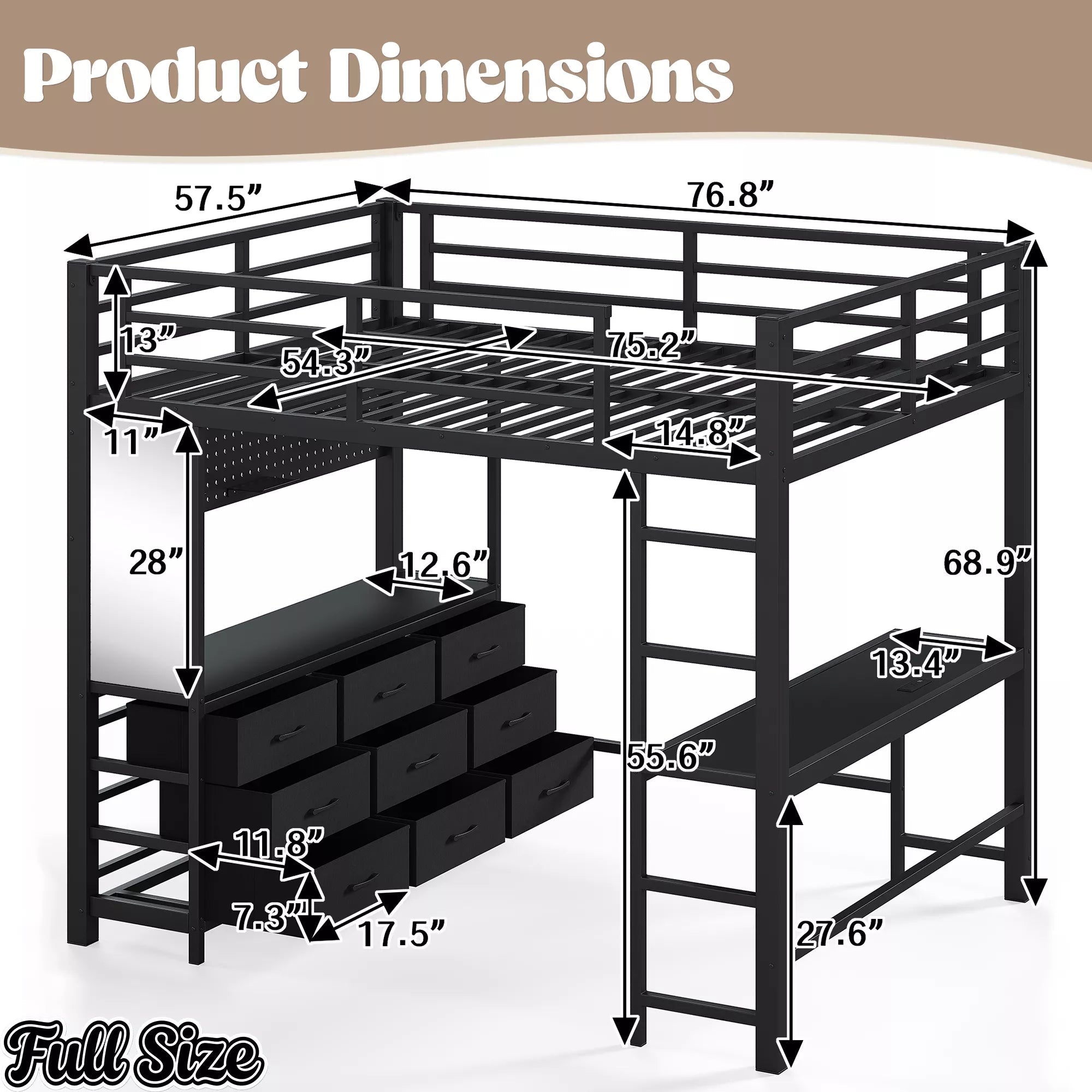 Bellemave® Loft Bed with Desk, Drawers, LED Light, USB and Mirror, Heavy Duty Loft Bed Frame for Teens and Adults - Bellemave