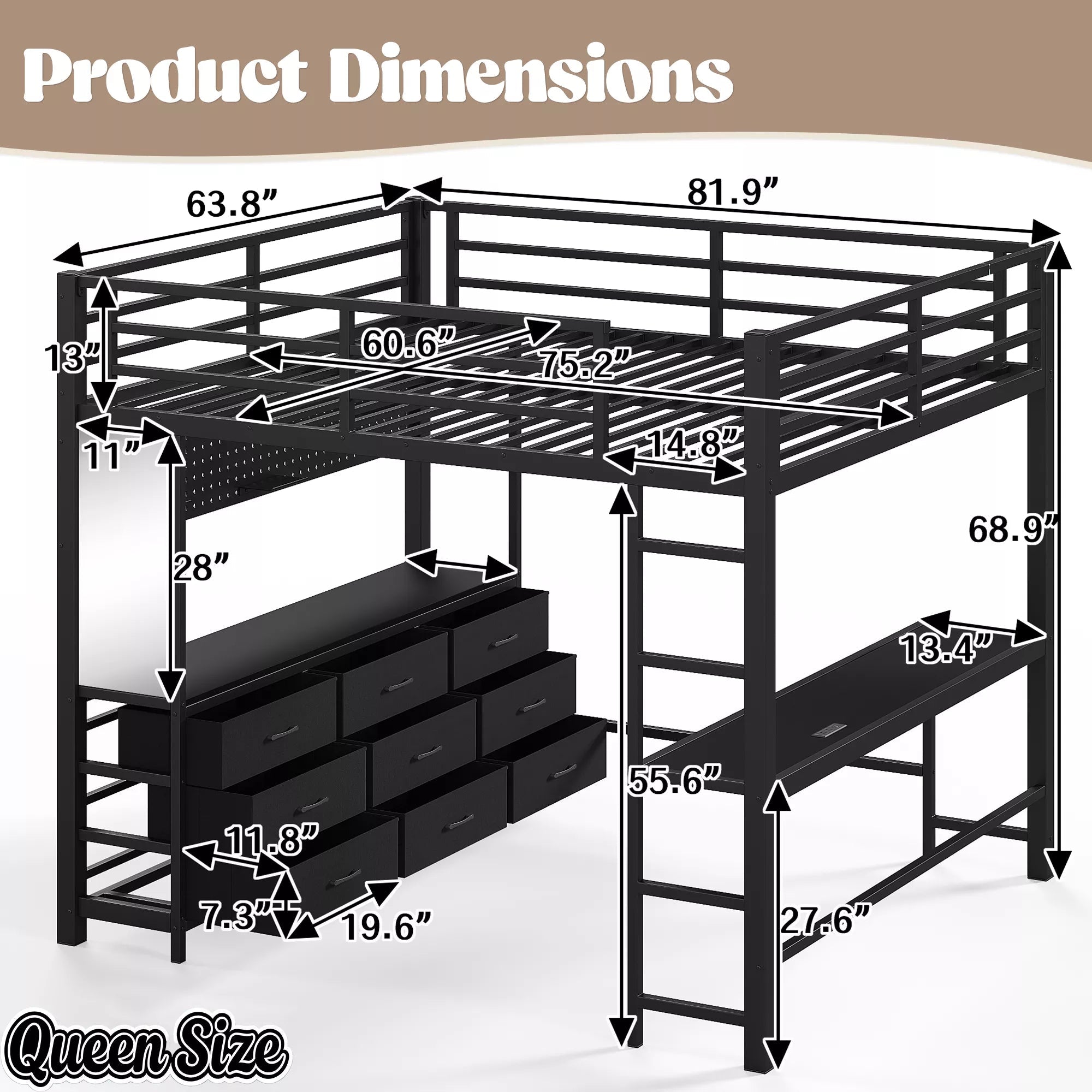 Bellemave® Loft Bed with Desk, Drawers, LED Light, USB and Mirror, Heavy Duty Loft Bed Frame for Teens and Adults - Bellemave