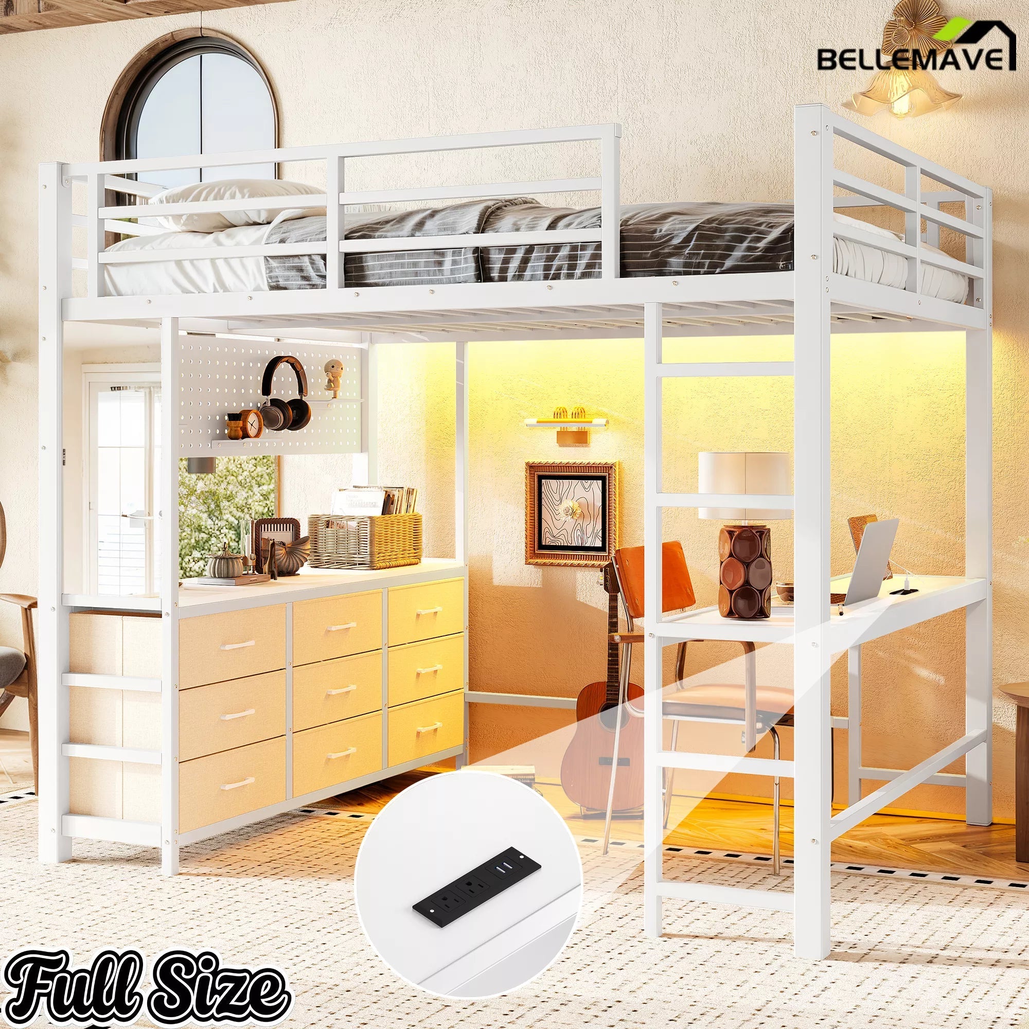 Bellemave® Loft Bed with Desk, Drawers, LED Light, USB and Mirror, Heavy Duty Loft Bed Frame for Teens and Adults - Bellemave