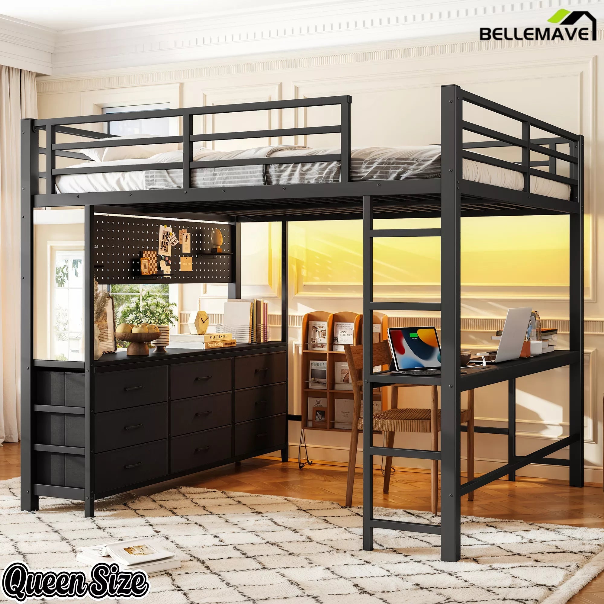 Bellemave® Loft Bed with Desk, Drawers, LED Light, USB and Mirror, Heavy Duty Loft Bed Frame for Teens and Adults - Bellemave