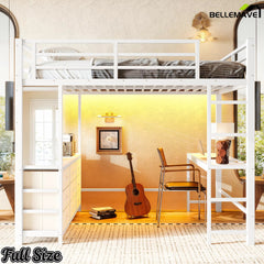 Bellemave® Loft Bed with Desk, Drawers, LED Light, USB and Mirror, Heavy Duty Loft Bed Frame for Teens and Adults - Bellemave