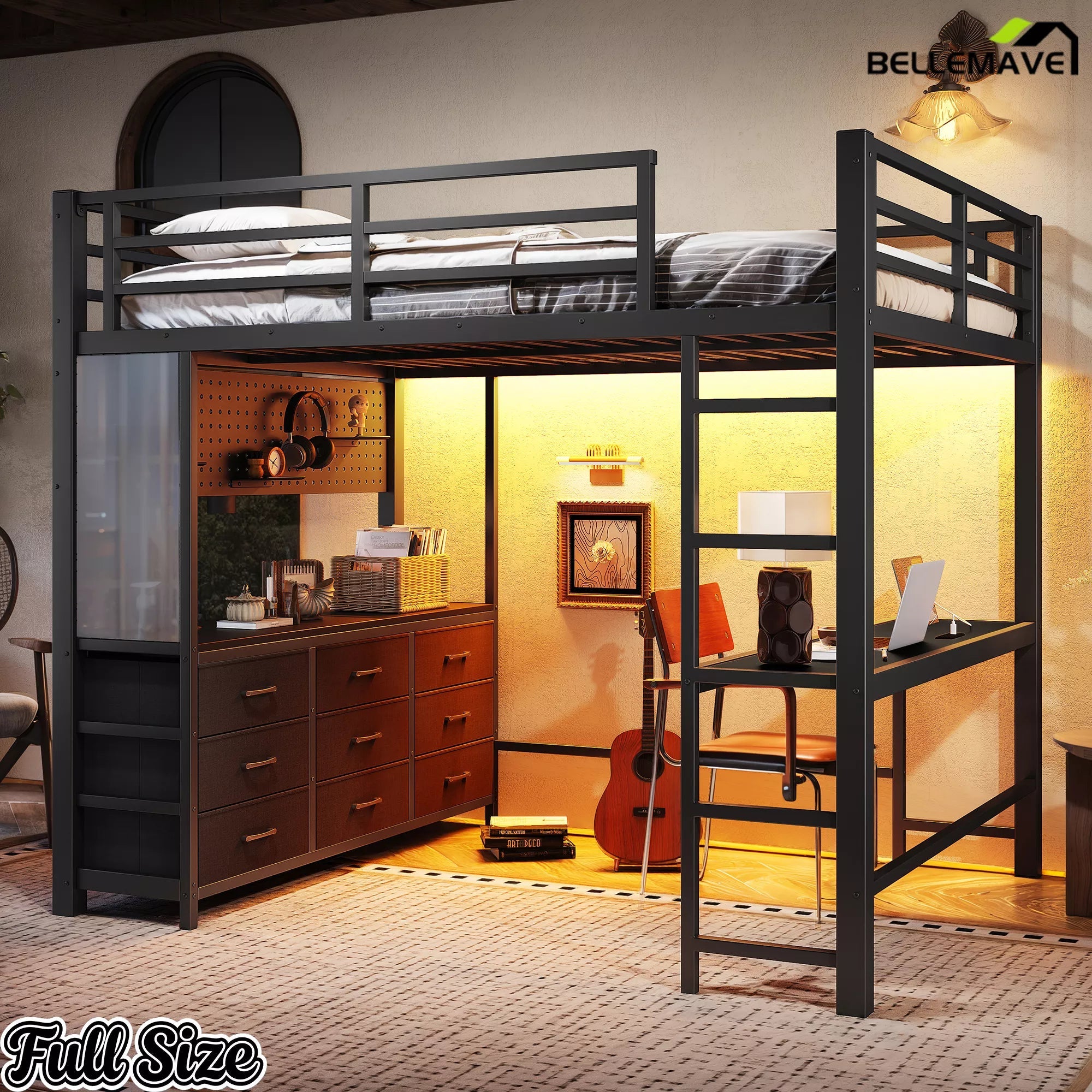 Bellemave® Loft Bed with Desk, Drawers, LED Light, USB and Mirror, Heavy Duty Loft Bed Frame for Teens and Adults - Bellemave