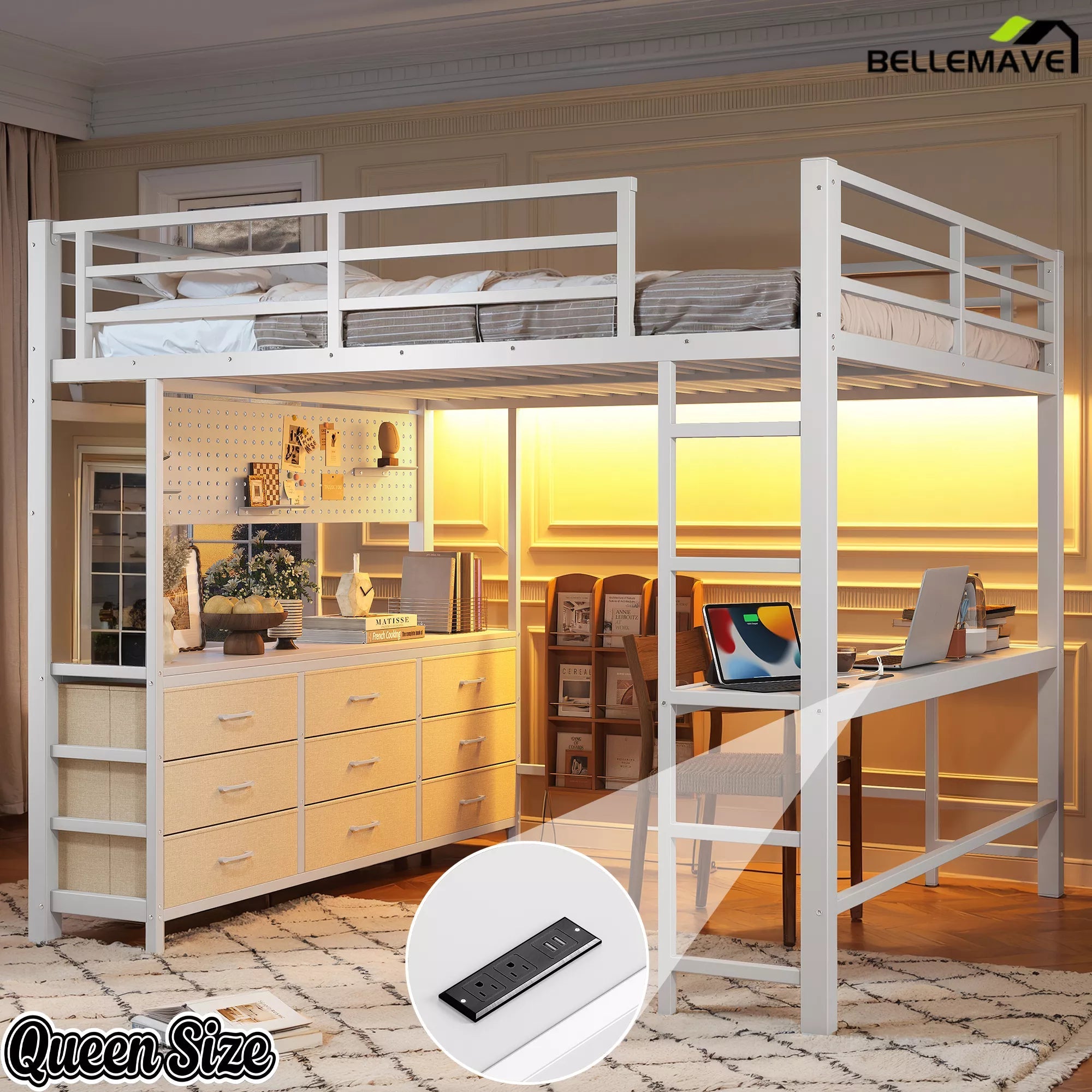 Bellemave® Loft Bed with Desk, Drawers, LED Light, USB and Mirror, Heavy Duty Loft Bed Frame for Teens and Adults - Bellemave