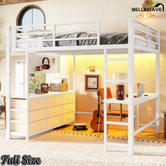 Bellemave® Loft Bed with Desk, Drawers, LED Light, USB and Mirror, Heavy Duty Loft Bed Frame for Teens and Adults - Bellemave