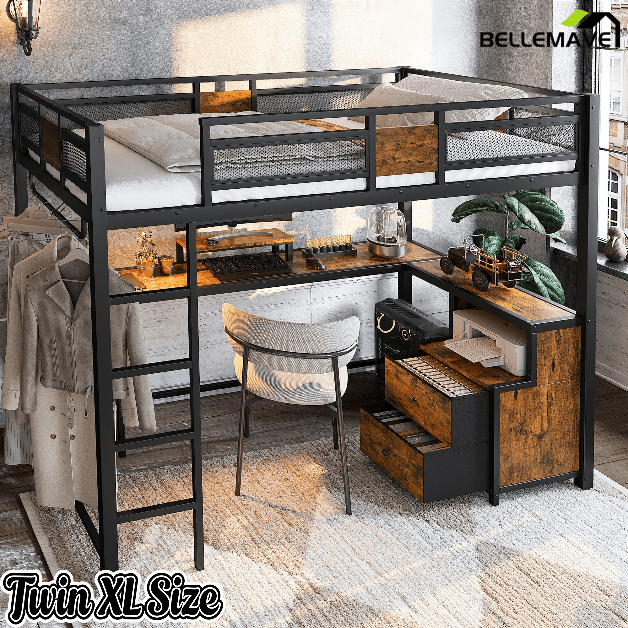 Bellemave® Loft Bed with Desk & Fabric Drawer, Metal Loft Bed Frame with guardrail & Ladder, Black - Bellemave