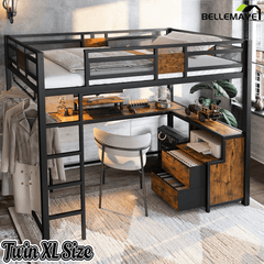 Bellemave® Loft Bed with Desk & Fabric Drawer, Metal Loft Bed Frame with guardrail & Ladder, Black - Bellemave