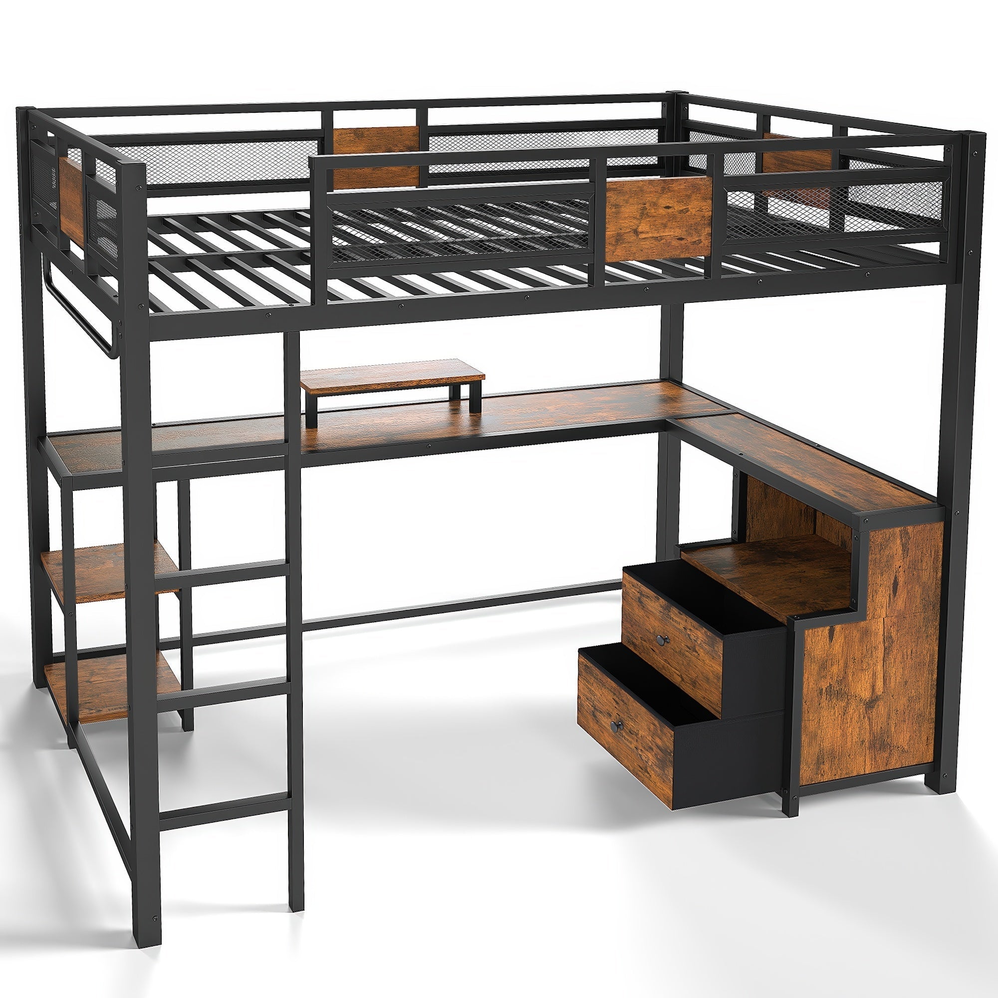 Bellemave® Loft Bed with Desk & Fabric Drawer, Metal Loft Bed Frame with guardrail & Ladder, Black - Bellemave