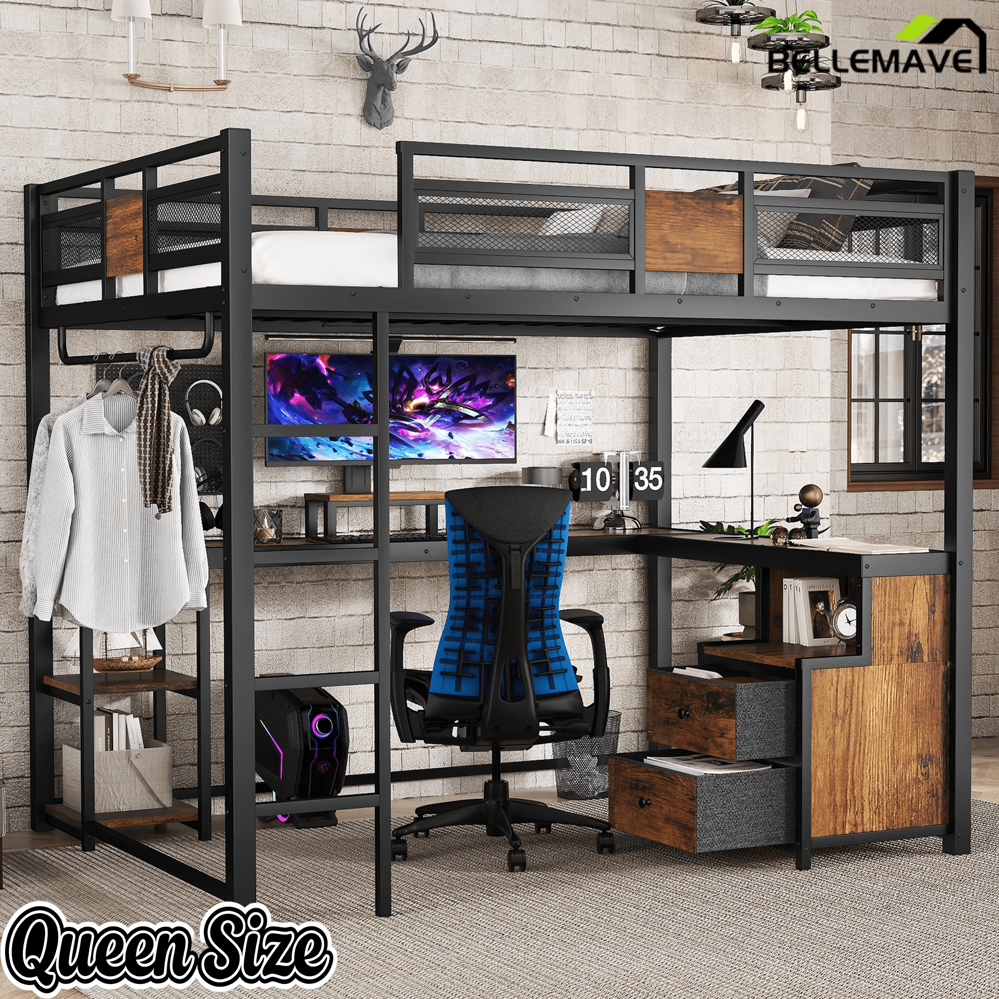 Bellemave® Loft Bed with Desk & Fabric Drawer, Metal Loft Bed Frame with guardrail & Ladder, Black - Bellemave