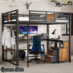 Bellemave® Loft Bed with Desk & Fabric Drawer, Metal Loft Bed Frame with guardrail & Ladder, Black - Bellemave