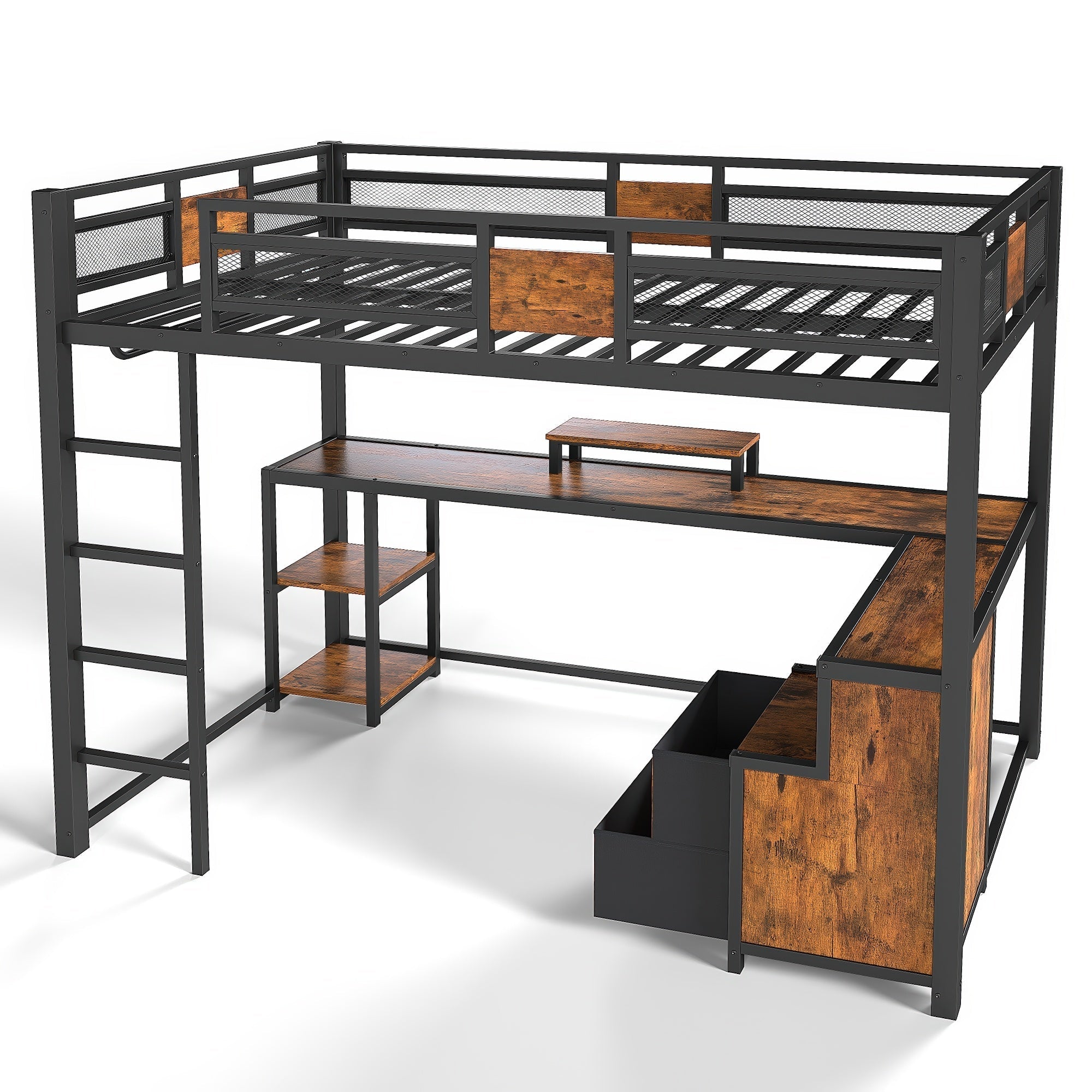 Bellemave® Loft Bed with Desk & Fabric Drawer, Metal Loft Bed Frame with guardrail & Ladder, Black - Bellemave