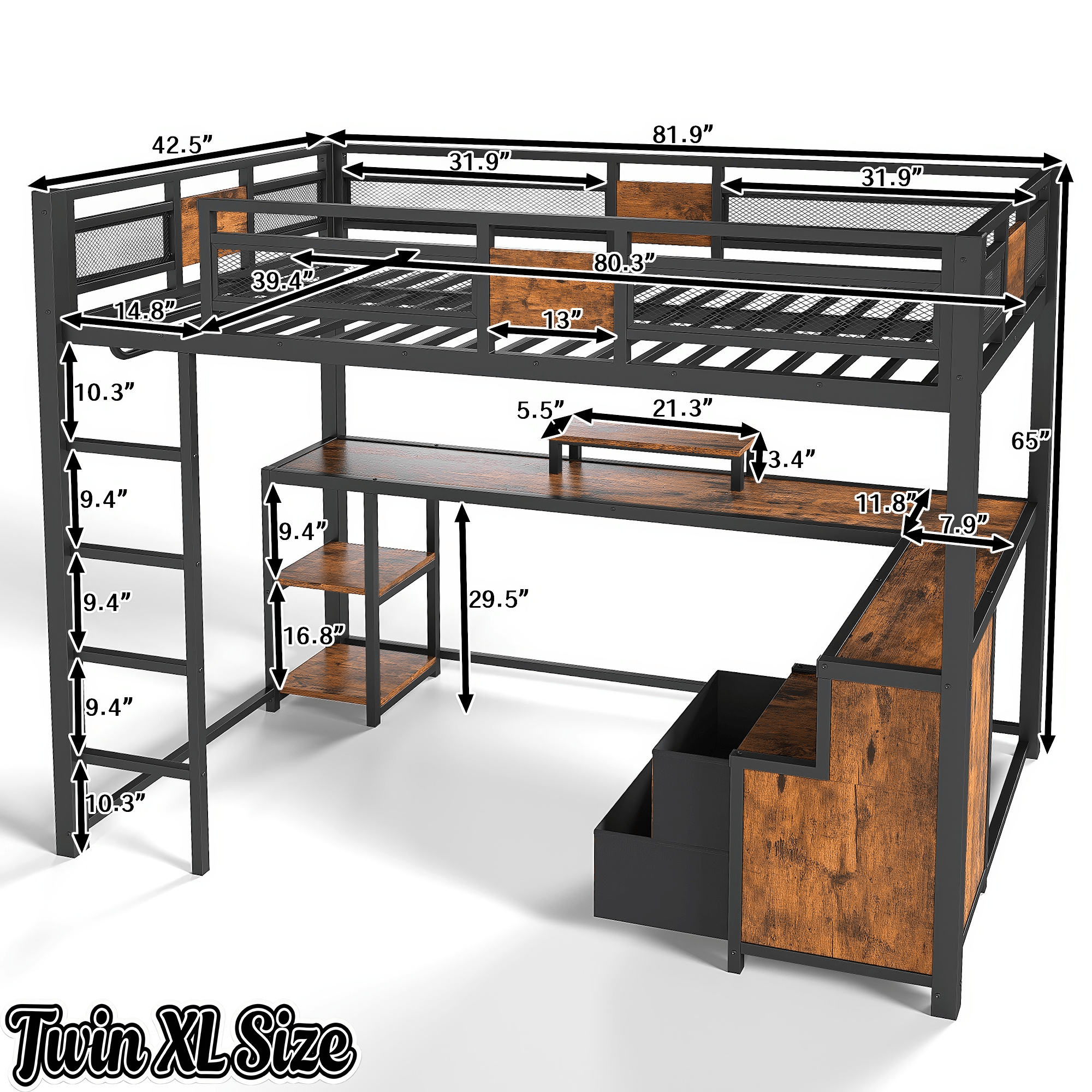 Bellemave® Loft Bed with Desk & Fabric Drawer, Metal Loft Bed Frame with guardrail & Ladder, Black - Bellemave