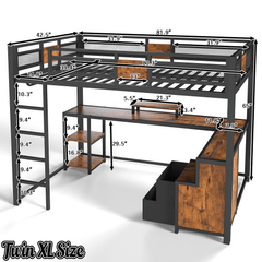 Bellemave® Loft Bed with Desk & Fabric Drawer, Metal Loft Bed Frame with guardrail & Ladder, Black - Bellemave
