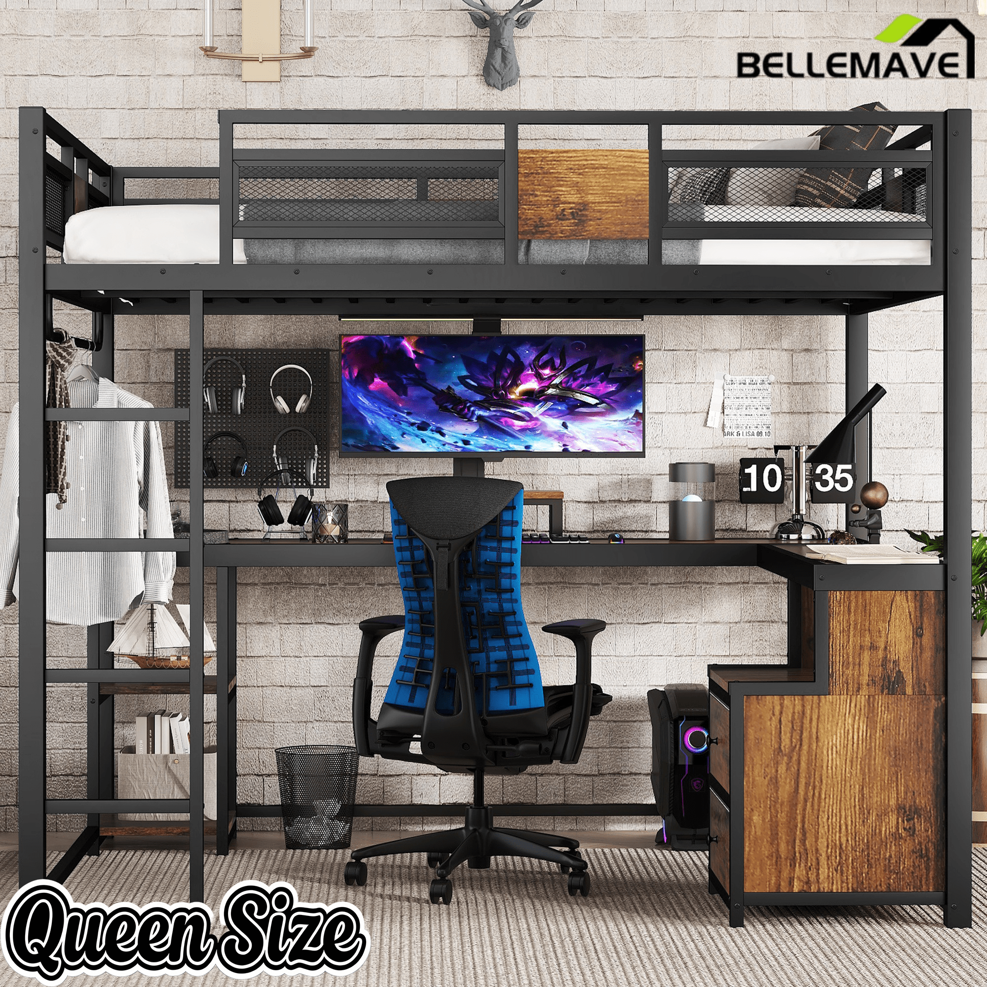 Bellemave® Loft Bed with Desk & Fabric Drawer, Metal Loft Bed Frame with guardrail & Ladder, Black - Bellemave