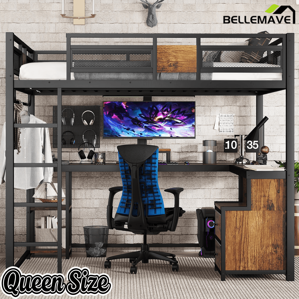 Bellemave® Loft Bed with Desk & Fabric Drawer, Metal Loft Bed Frame with guardrail & Ladder, Black - Bellemave