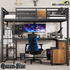 Bellemave® Loft Bed with Desk & Fabric Drawer, Metal Loft Bed Frame with guardrail & Ladder, Black - Bellemave