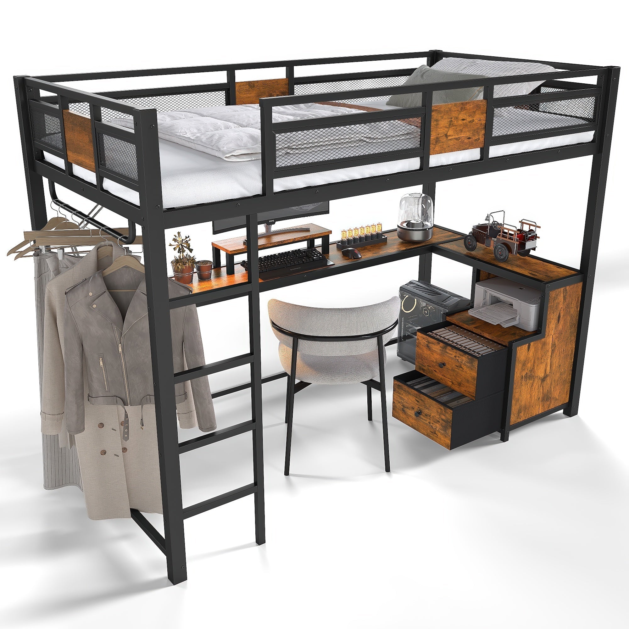 Bellemave® Loft Bed with Desk & Fabric Drawer, Metal Loft Bed Frame with guardrail & Ladder, Black - Bellemave
