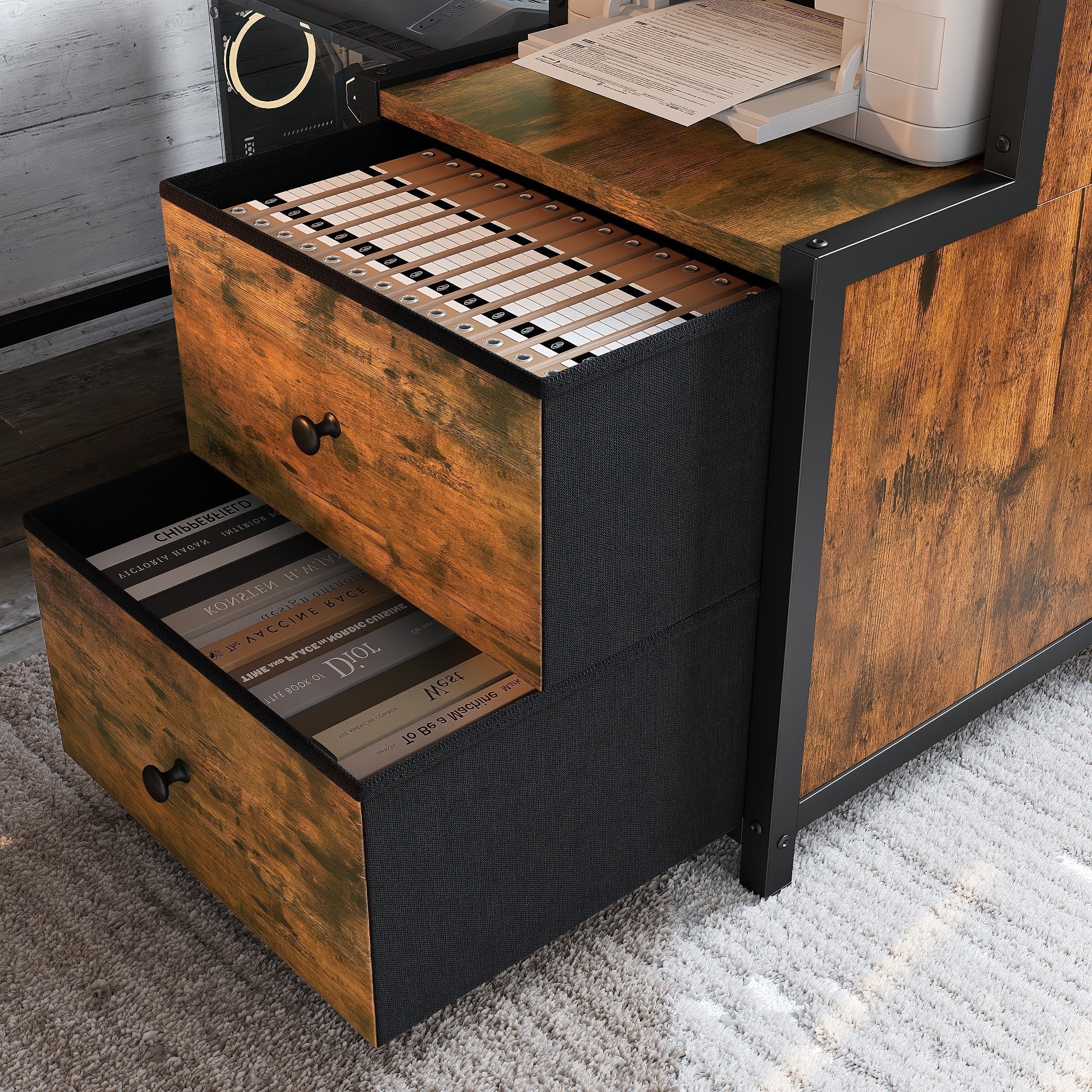 Bellemave® Loft Bed with Desk & Fabric Drawer, Metal Loft Bed Frame with guardrail & Ladder, Black - Bellemave