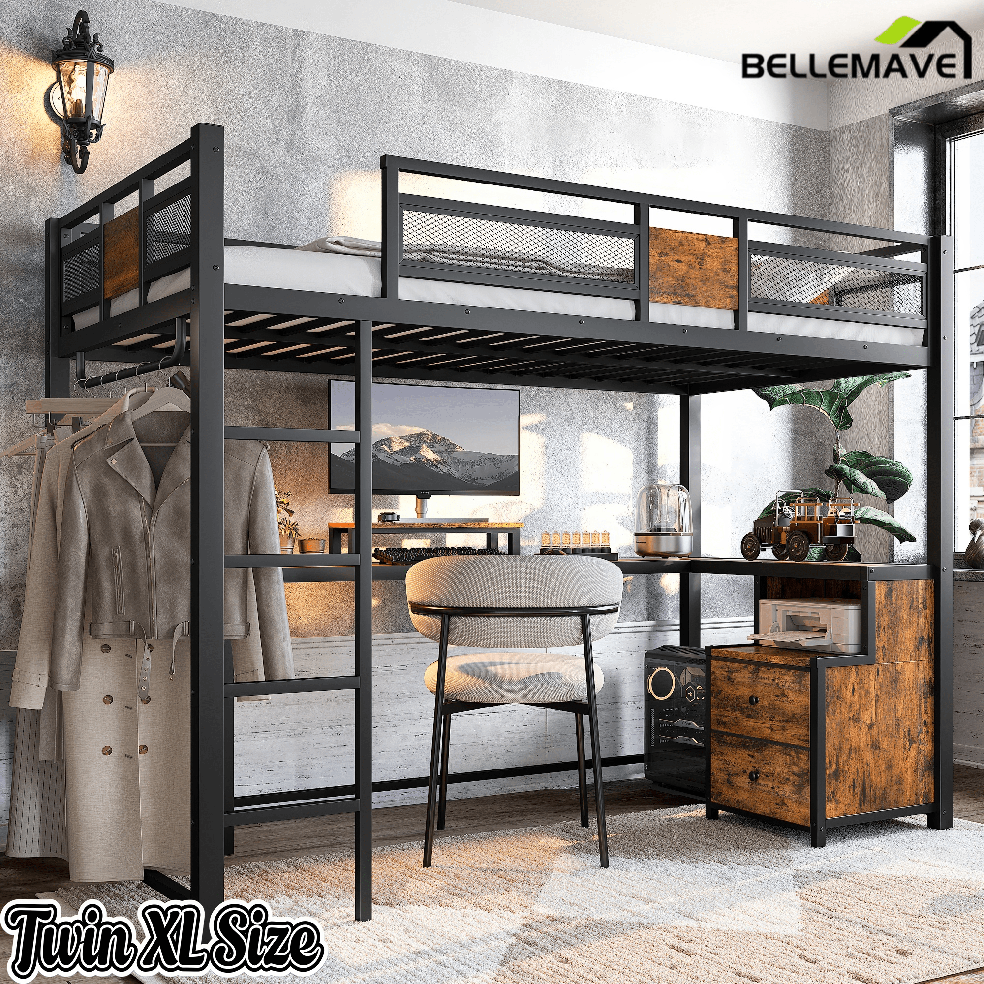 Bellemave® Loft Bed with Desk & Fabric Drawer, Metal Loft Bed Frame with guardrail & Ladder, Black - Bellemave