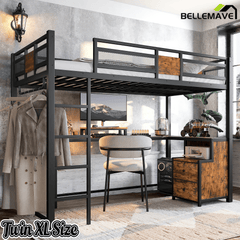 Bellemave® Loft Bed with Desk & Fabric Drawer, Metal Loft Bed Frame with guardrail & Ladder, Black - Bellemave